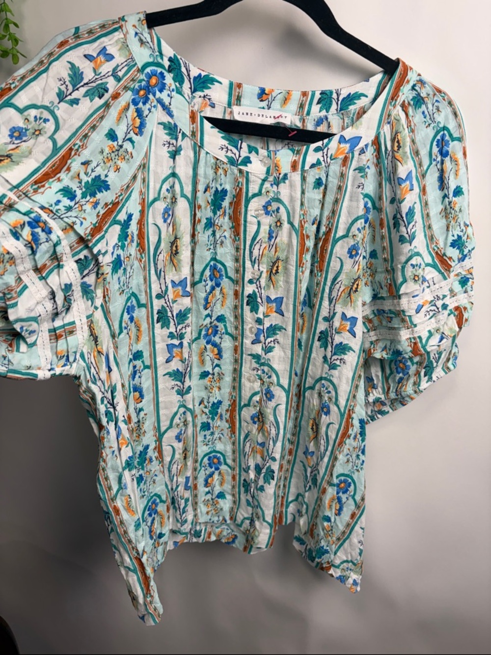 Jane and Delancey Aqua Floral Puff-Sleeve Blouse with Teal and Rust Accents